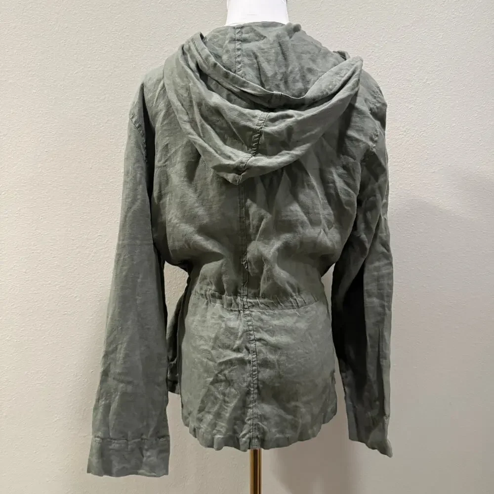 St Tropez West Olive Green 100% Linen Utility Jacket Large Coastal Safari Chic